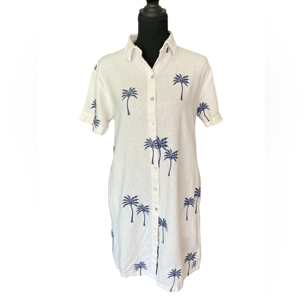 Calypso St. Barth Palm Tree Embroidered Shirt Dress | XS | Linen Blend